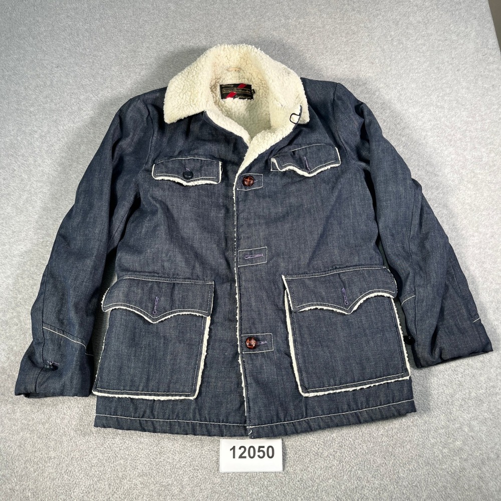 Vintage Sears The Mens Store Denim Ranch Jacket Faux Shearling Lined Blue 38